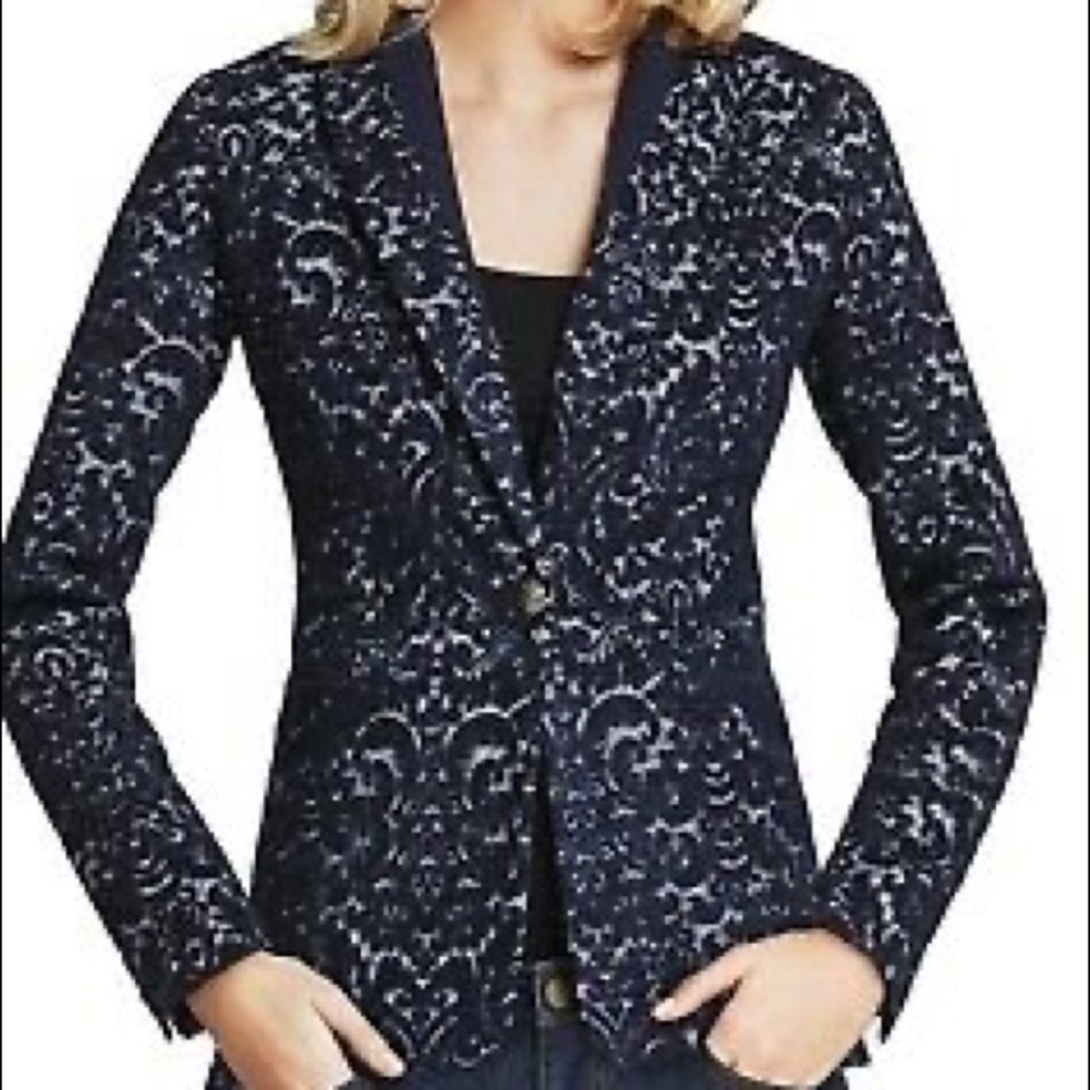 Blazer Coat Jacket Cabi Navy Blue Wool Print Work Women's Ladies 12 Long Sleeve